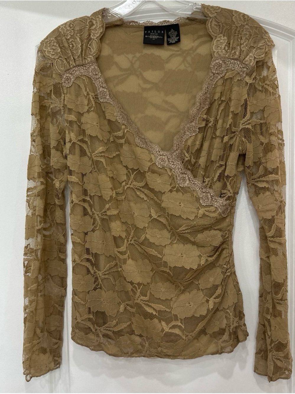 Vintage Tailor by RD Lace Long Sleeve V-Neck Top — Tan